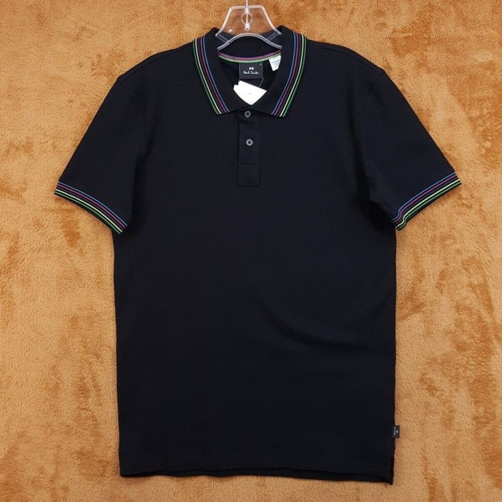 PAUL SMITH Polo Shirt Mens Small Black Contrast Stripe Trim $125